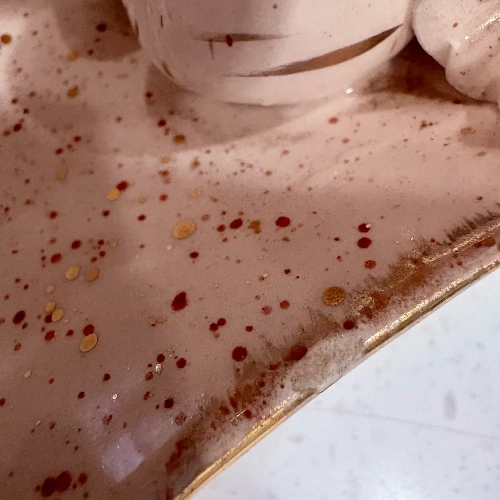 Gorgeous 2 Pc. Mid Century Boomerang Italian Pink Gold Ceramic Pottery Set